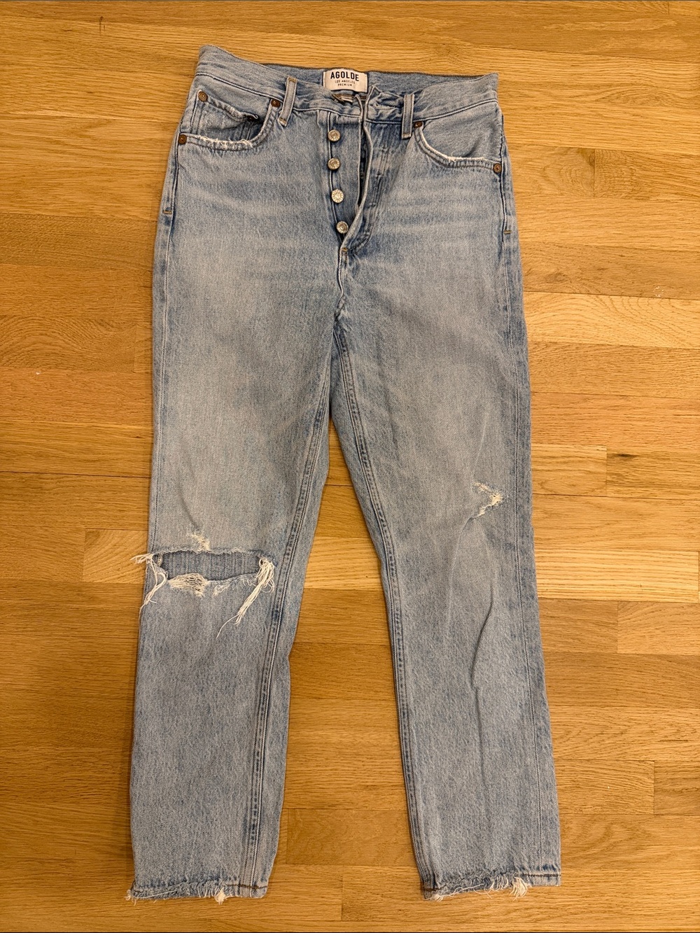 Agolde Light Blue High-Rise Button-Fly Distressed Jeans